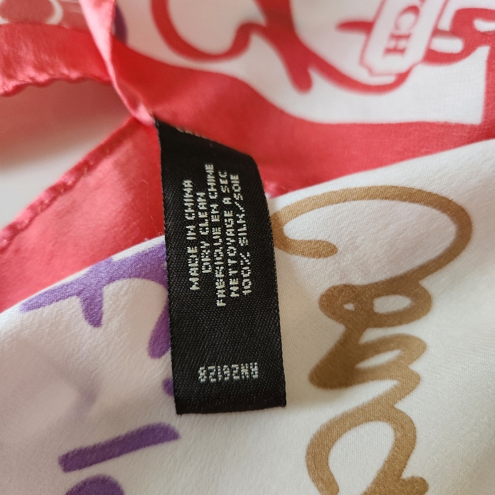 COACH 100% Silk Scarf Vintage Script Monogram Floral Red White - Picture 5 of 8